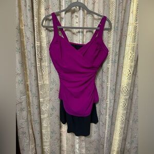 LL Bean Pink & Black Skirted Swimsuit Size 14 Long UPF 40+